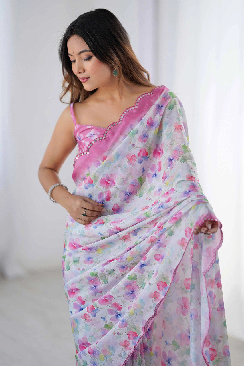 Georgette Silk Printed Saree with Mirror Work