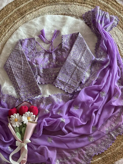 Premium Faux Georgette Saree with Heavy Zari & Sequin Embroidery and Designer Blouse -SUN-FLOWER