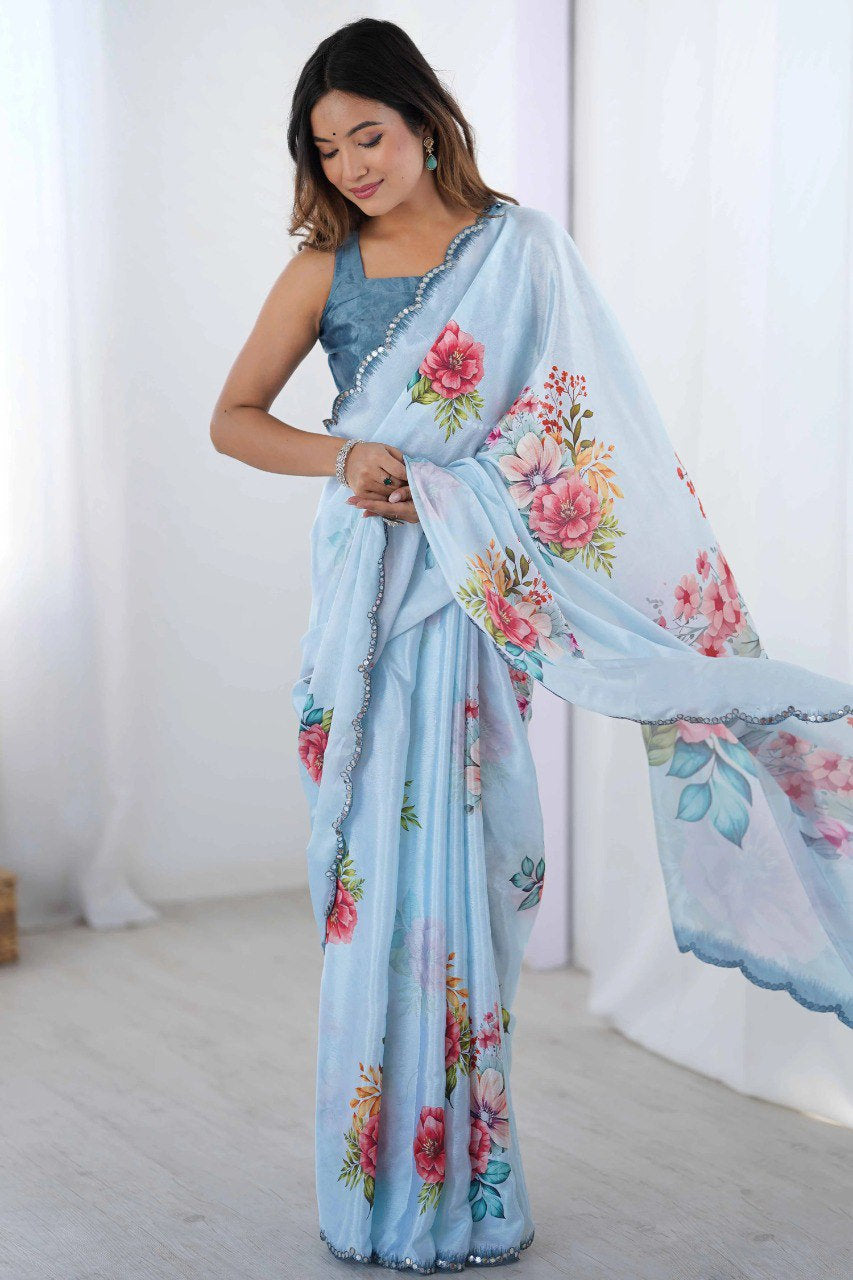 Georgette Silk Printed Saree with Mirror Work