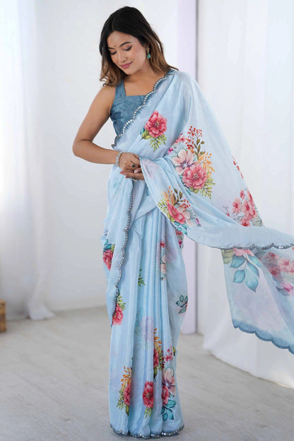 Georgette Silk Printed Saree with Mirror Work