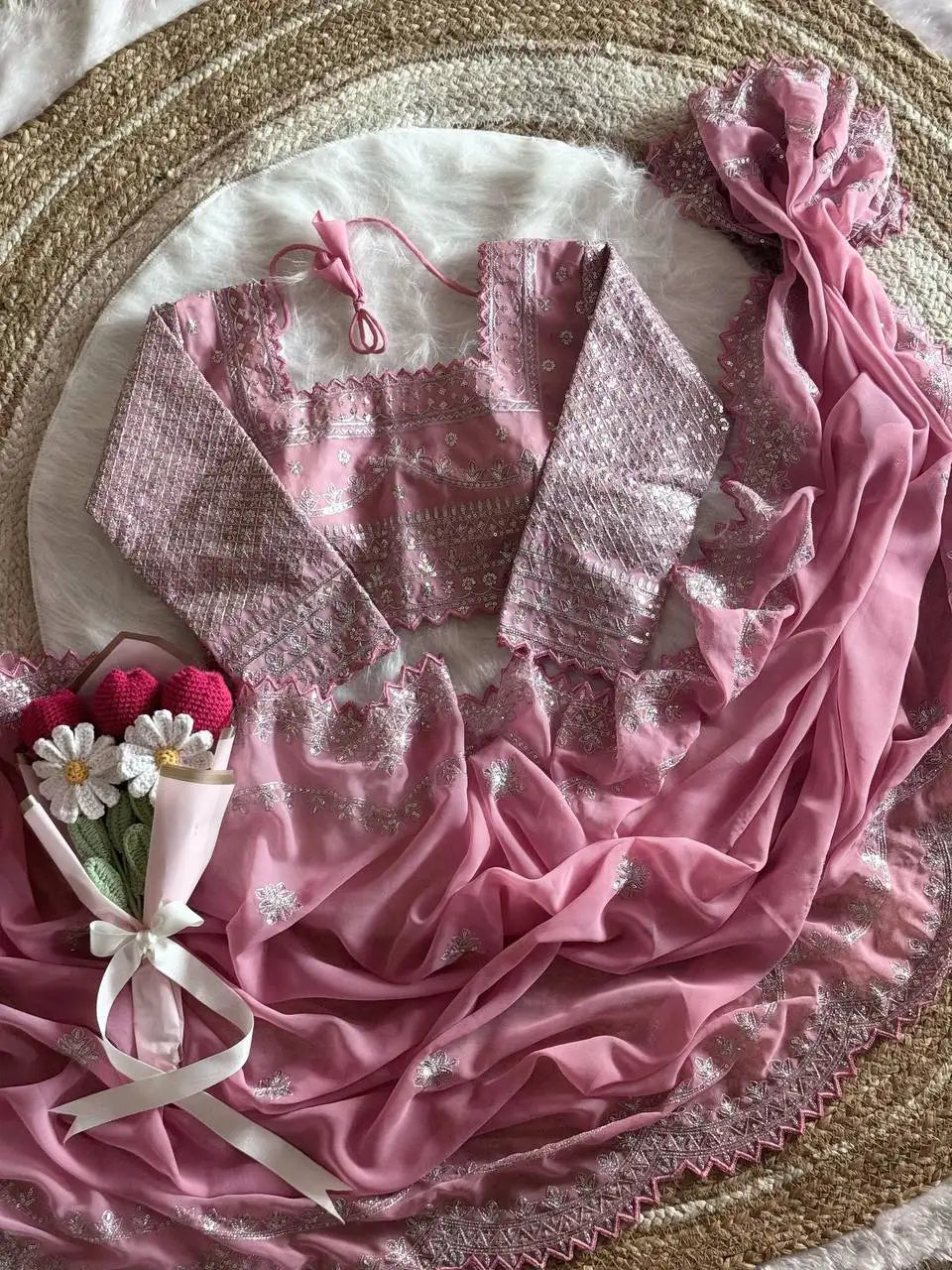 Premium Faux Georgette Saree with Heavy Zari & Sequin Embroidery and Designer Blouse -SUN-FLOWER