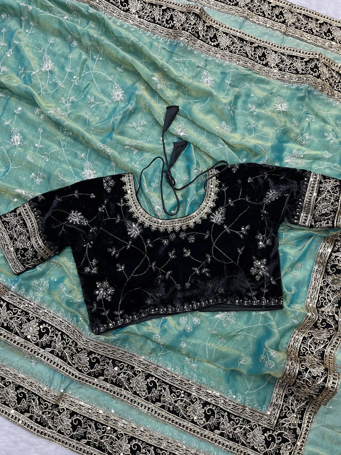 Saheli Designer Soft Mocha Silk Saree with Velvet Blouse & Sequins Work RV-6052