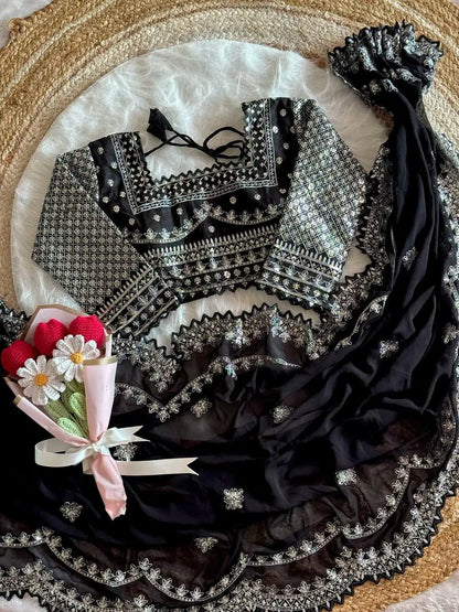 Premium Faux Georgette Saree with Heavy Zari & Sequin Embroidery and Designer Blouse -SUN-FLOWER