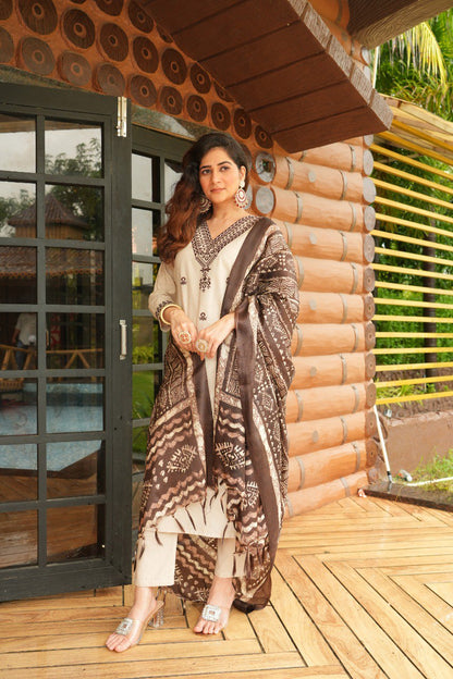 Khadi Cotton Fully Stitched Ethnic Set with Dupatta