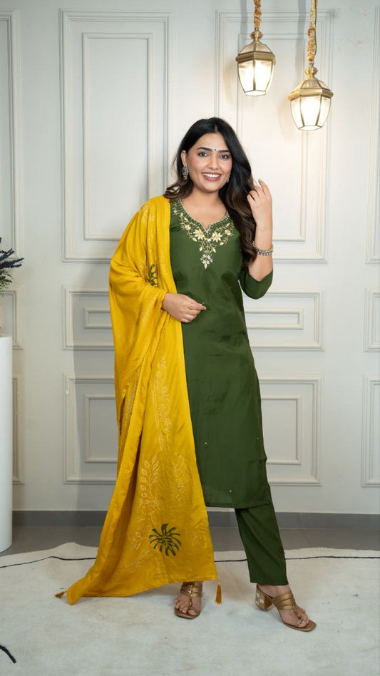 Premium Roman Silk Designer Kurti Pant Dupatta Set