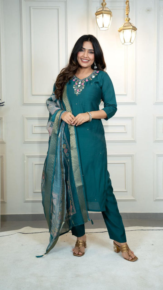 Roman Silk New Designer Kurti Pant Dupatta Set