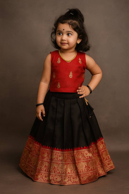 Kids Silk Lehenga Choli with Jacquard Weaving & Embroidery Lace