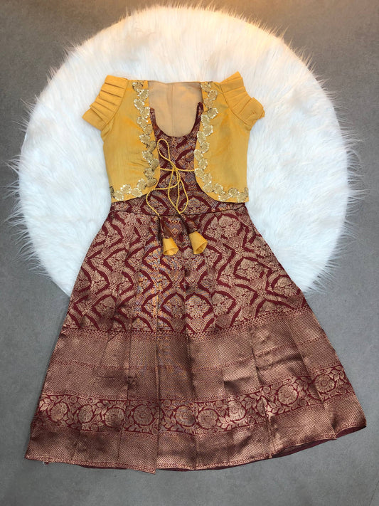 Maroon Color  Kids Koti Gown with Jacquard Weaving & Embroidered Koti