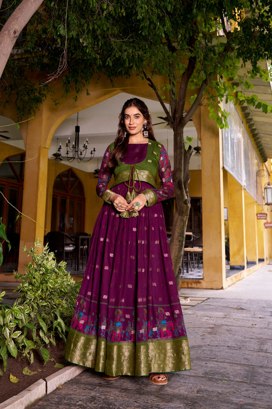 Chanderi-Style Flared Gown with Printed Koti