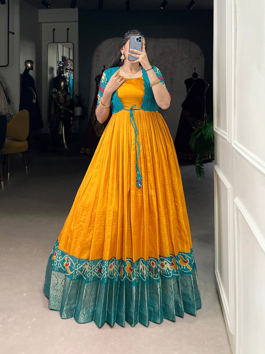 Tasar Chex Patola Print Gown with Koti