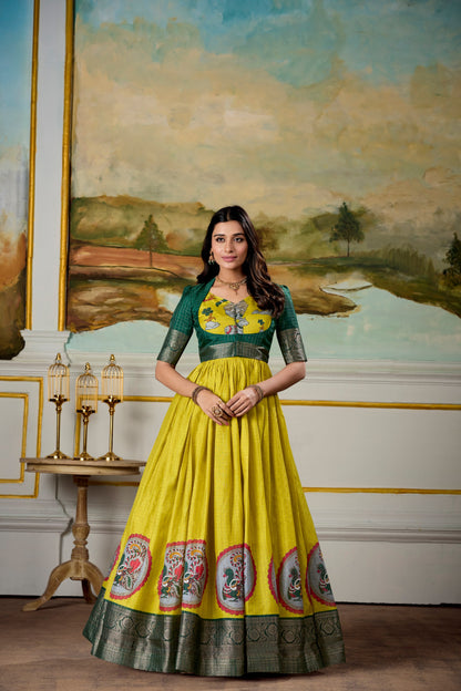 Elegant Dola Silk Kalamkari Print Gown with Zari Weaving Koti