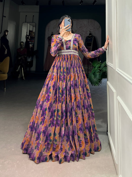 Elegant Georgette Floral Anarkali Gown with Dupatta