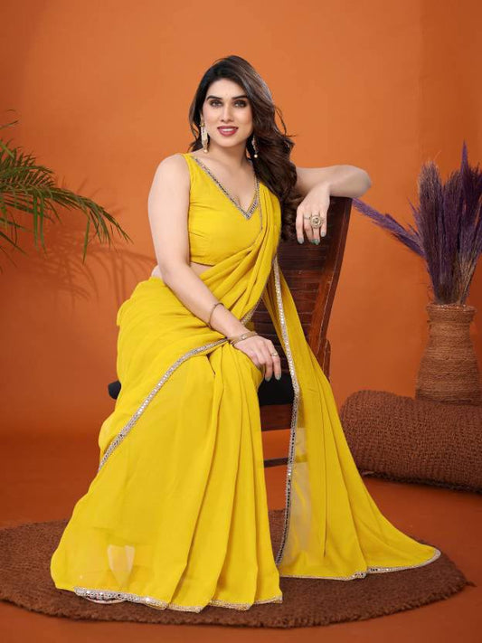 Pakhi Solid Georgette Silk Saree with Mirror Border Lace