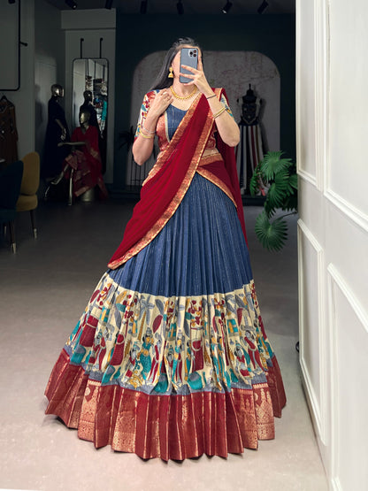 NITRIYA Poly Chanderi Kalamkari Print Lehenga Choli with Zari Stripe & Georgette Dupatta