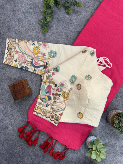 Handloom Khadi COTTON Saree With Peacock Design Blouse