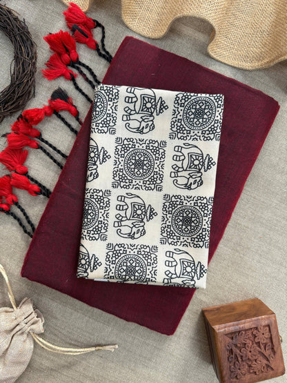 Khadi Cotton Saree  With Tassels And  Printed Blouse