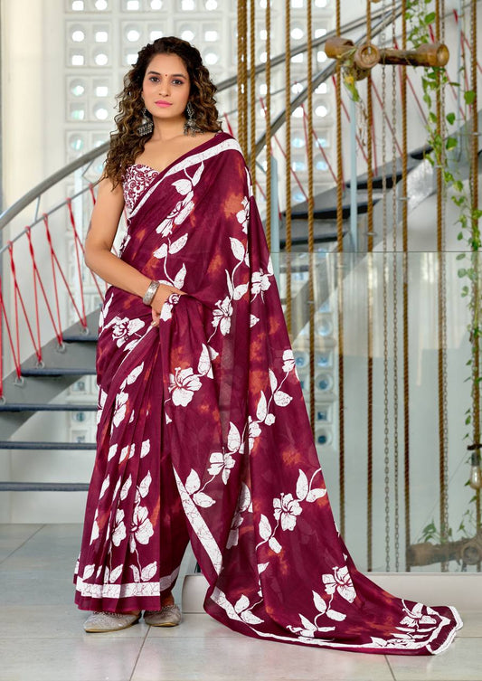 Floral Hand Print Mulmul Cotton Sarees