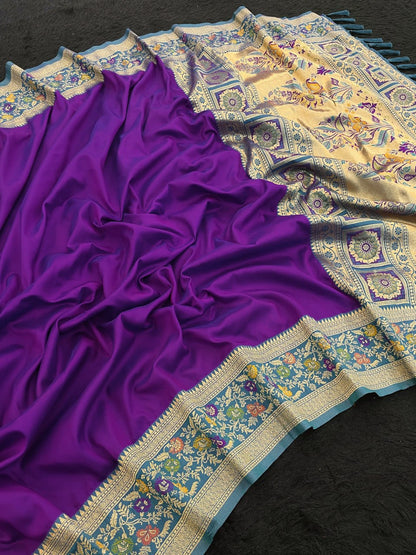 Elegant Gala Plain Body with Kadiyal Paithani Weaves Soft Silk Saree