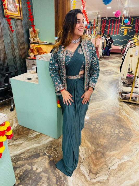 Diamond Satin Silk Ready To Wear Saree With Jacket