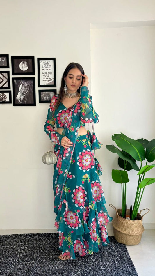 Georgette with Digital Print Ready To Wear Lehenga Saree