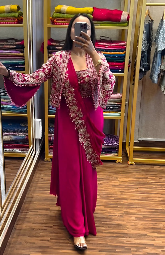 Chinon Silk Ready To Wear Saree With Jacket