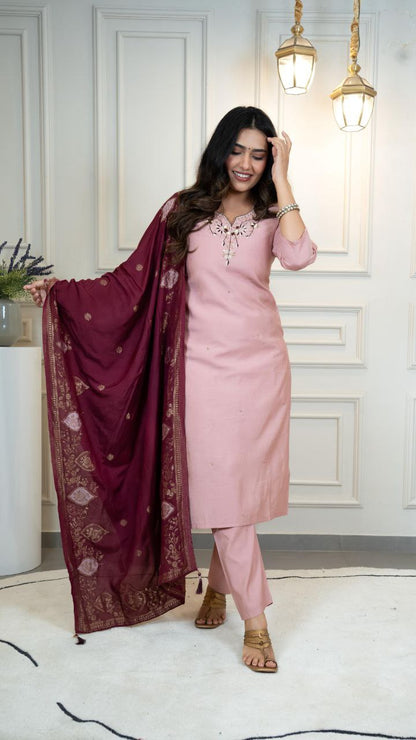 Roman Silk Hand Work Suit With Jacquard Dupatta