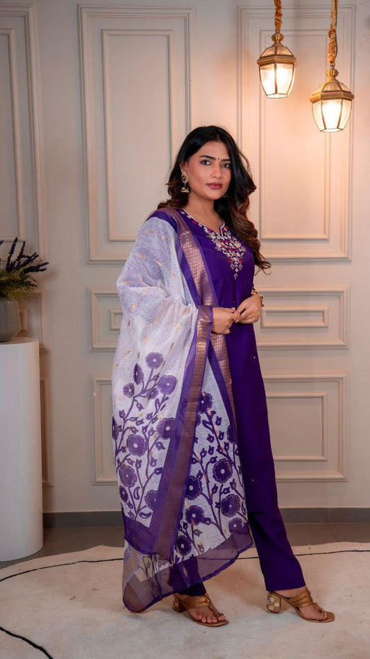 Premium Roman Silk  New Designer Kurti Pant Dupatta Set