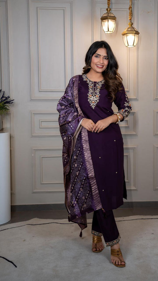 Roman Silk Multicolor Embroidery Work Suit