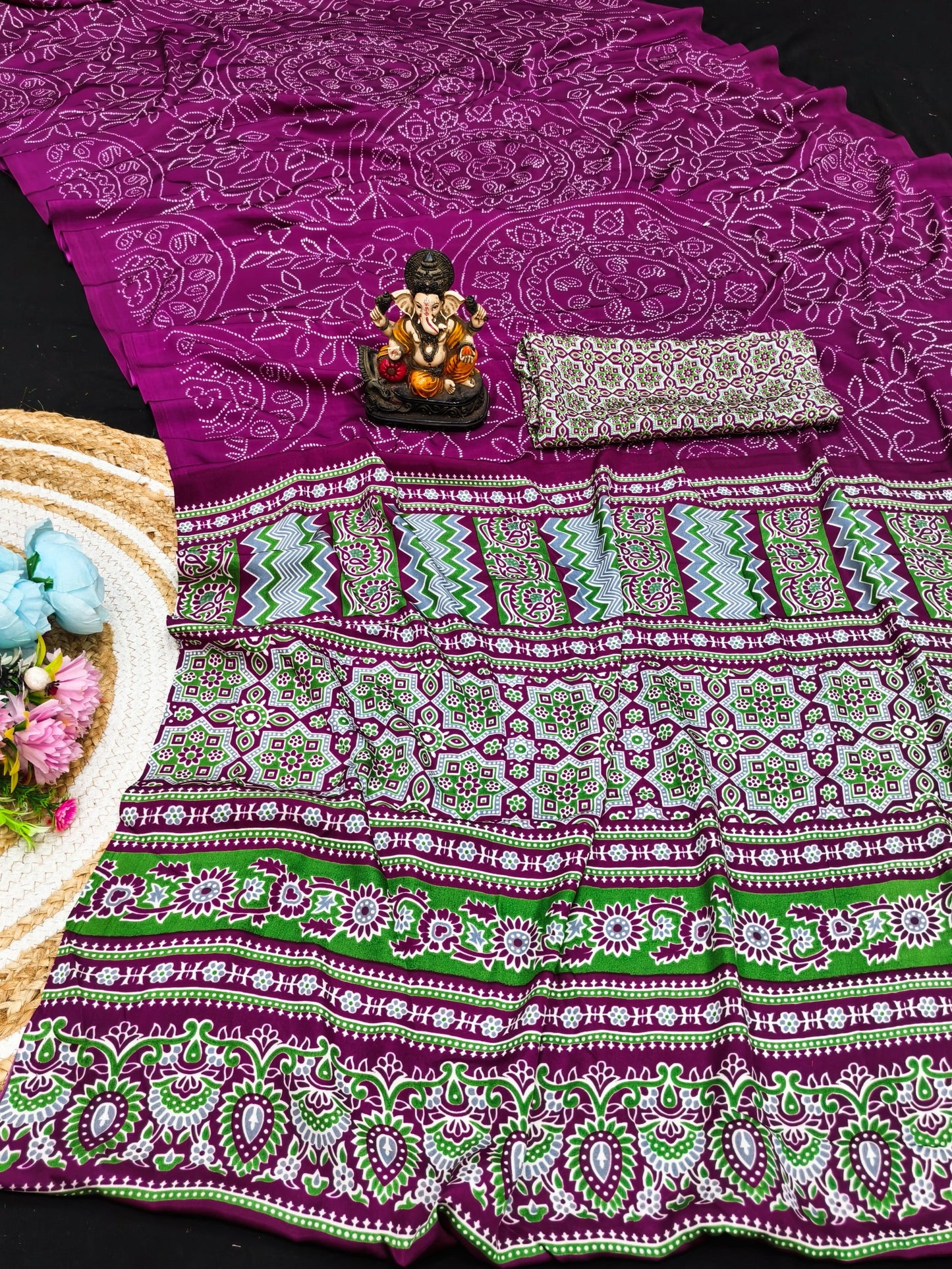 Ajrakh Printed Pallu Bandhej Saree