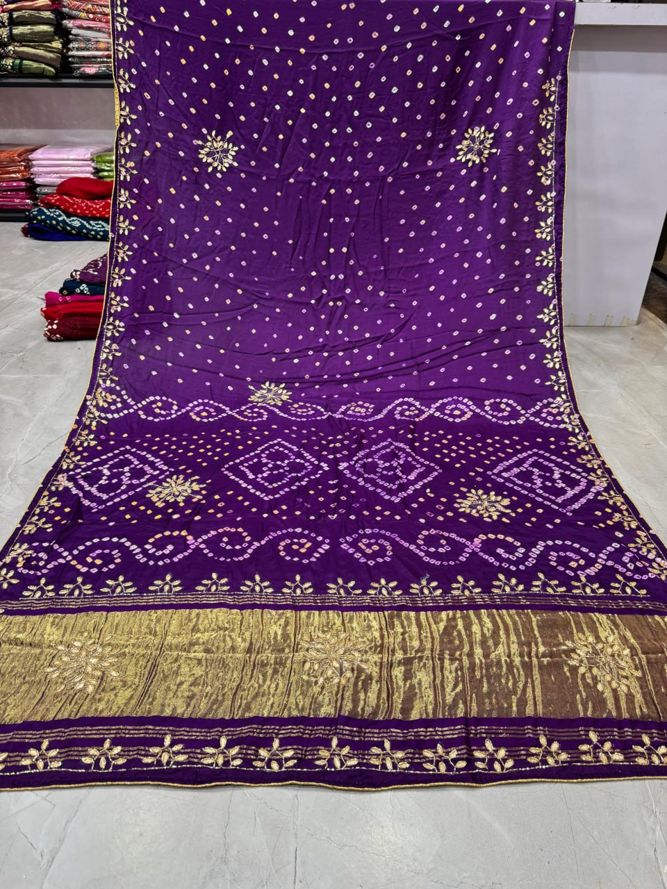 Bandhani With Pure Lagadi Patta With Hand Work Saree