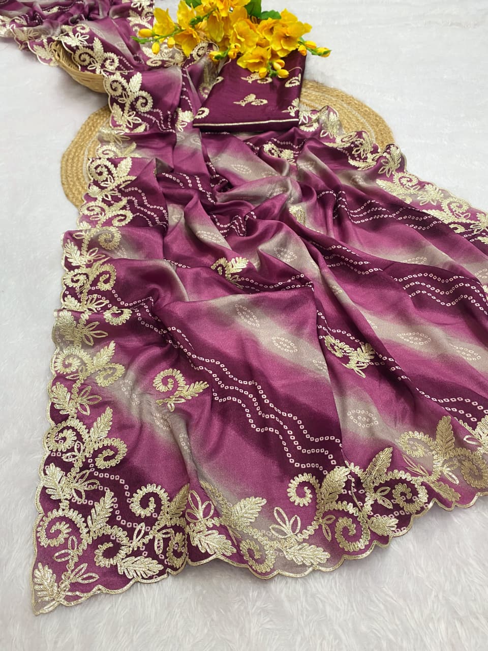 Chinnon sarees with complete Lehriya Bandhani print