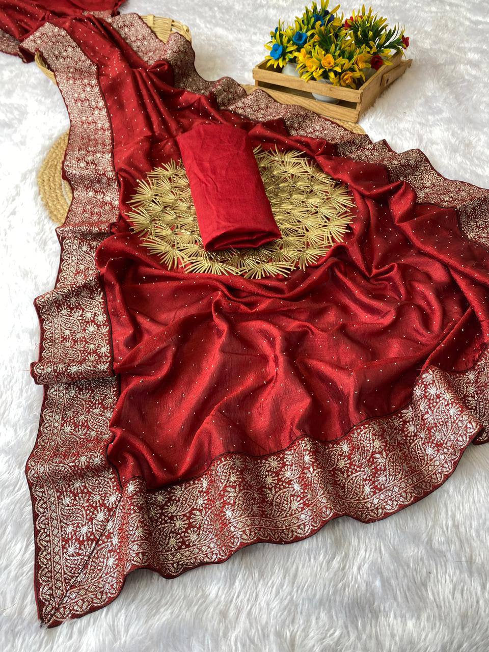 Vichitra Silk Saree with Diamond Work