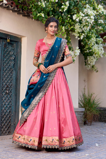 Paithani Jacquard Silk Lehenga Set with Zari Weaving, Sequins & Scallop Lace