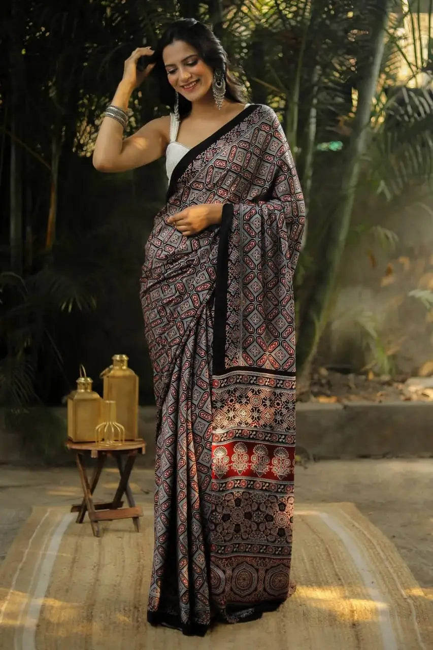 Ajrakh Print Semi Gajji Silk Saree with Rich Pallu & Contrast Blouse –  2303B