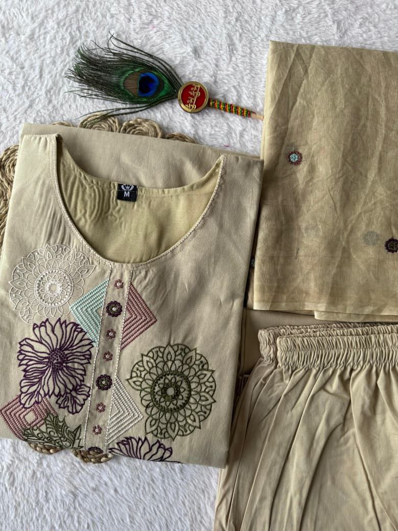 Cream pure cotton embroidered kurti set with mul cotton dupatta and cotton inner