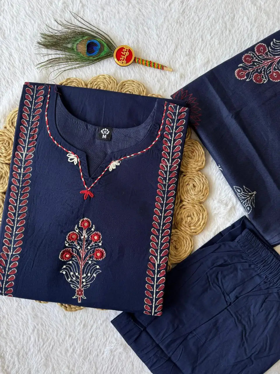 Pure Cotton Block Print Kurti Set with Real Mirror Work & Mul Cotton Dupatta – Navy Blue | KR-398