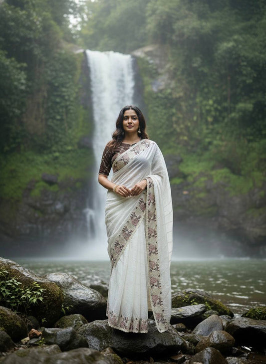 Premium Paper Crush Organza Saree with Sequins, Thread Weaving Leheriya Pattern & Scallop Border - MUGHDA
