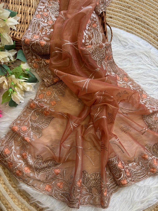 Pure Tissue Silk in solid color Saree With Embroidery viscose thread work with zarkhan