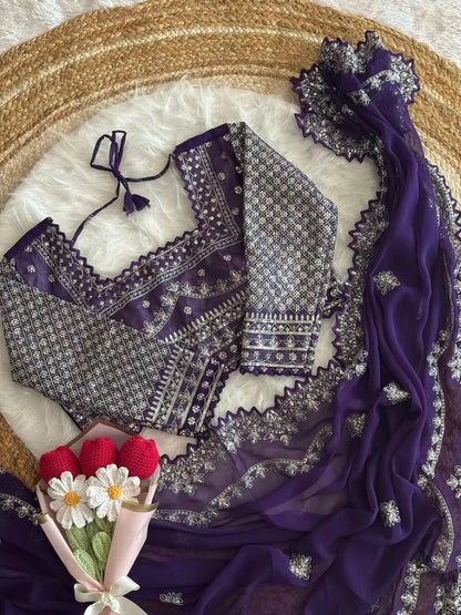 Premium Faux Georgette Saree with Heavy Zari & Sequin Embroidery and Designer Blouse -SUN-FLOWER