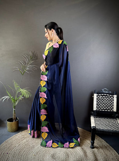 Multicolor Leaf Embroidery Saree in Rangoli Silk