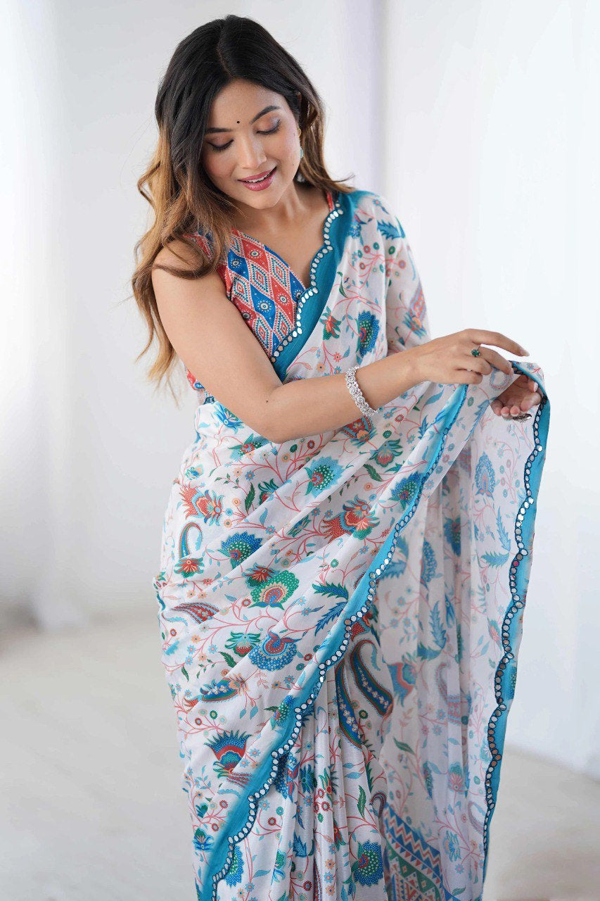 Georgette Silk Printed Saree with Mirror Work