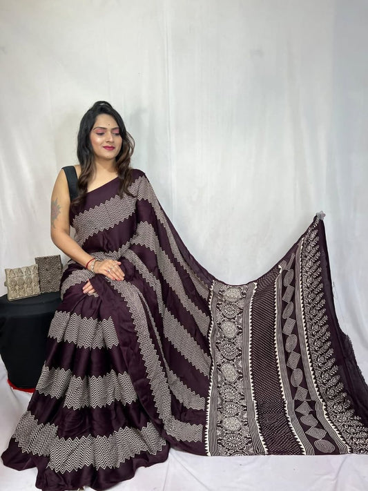 Digital Print Border with Ajrakh Rich Pall Semi Gajji Silk Soft and Smooth Saree