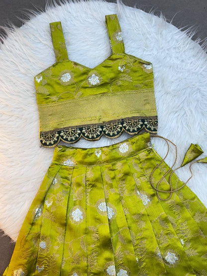 Kids Silk Lehenga Choli with Jacquard Weaving & Embroidery Lace