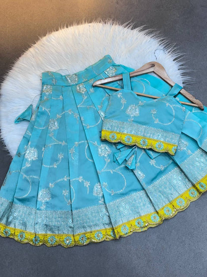 Soft Silk With Pure Zari Waving Fabric Kids Silk Lehenga Choli with Jacquard Weaving & Embroidery Lace