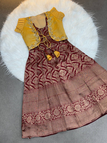 Maroon Color  Kids Koti Gown with Jacquard Weaving & Embroidered Koti