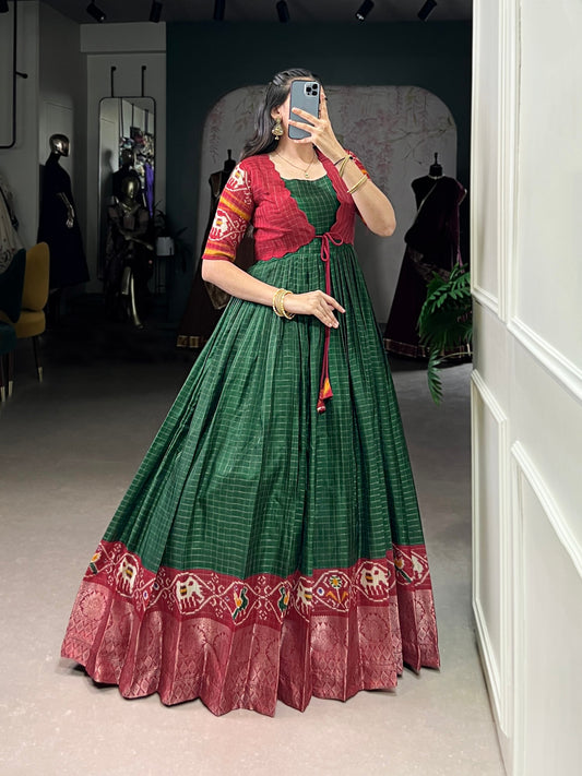 Tasar Chex Patola Print Gown with Koti