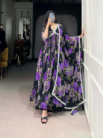 Floral Print Georgette Gown with Dupatta