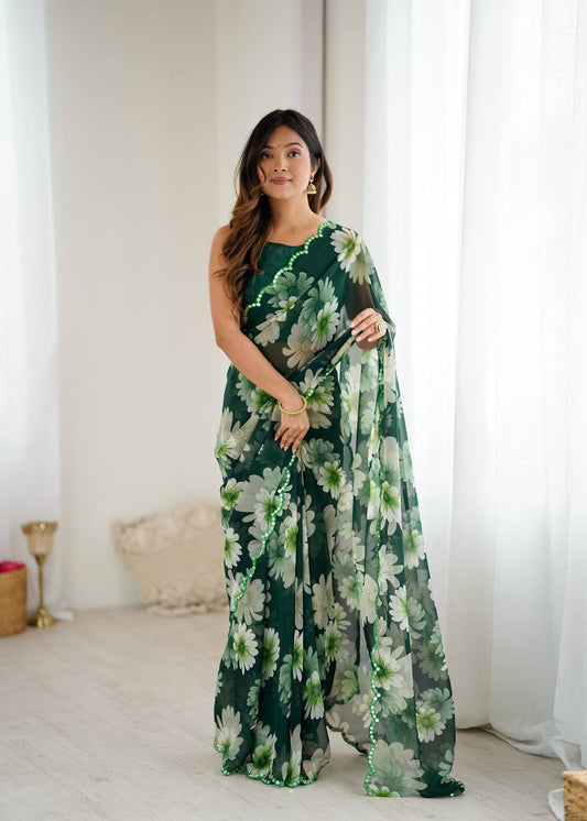 Printed Georgette Silk Saree with Mirror Work Border