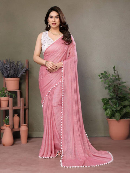 Polyester Zari Plain Saree with Embroidered Blouse & Pum Pum Lace