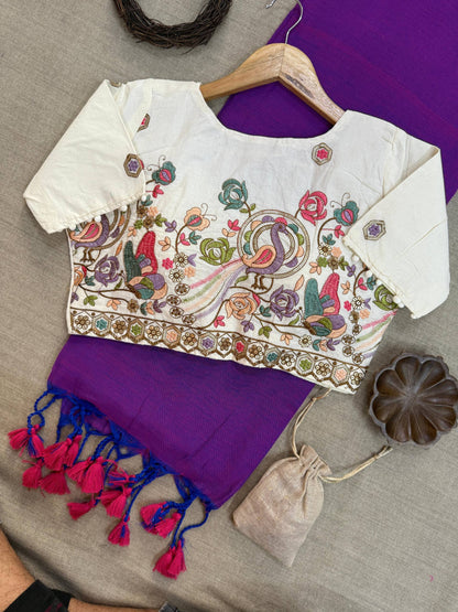 Handloom Khadi Cotton Saree With Designer Embroidery Blouse